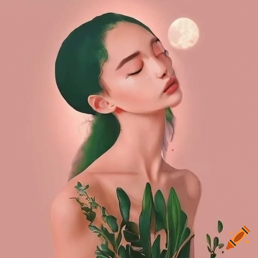 Aesthetic image of a woman embracing the moon surrounded by plants and flowers