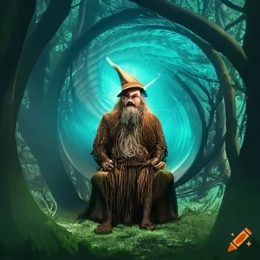 Ancient wizard meditating in a mystical forest with enchanted creatures