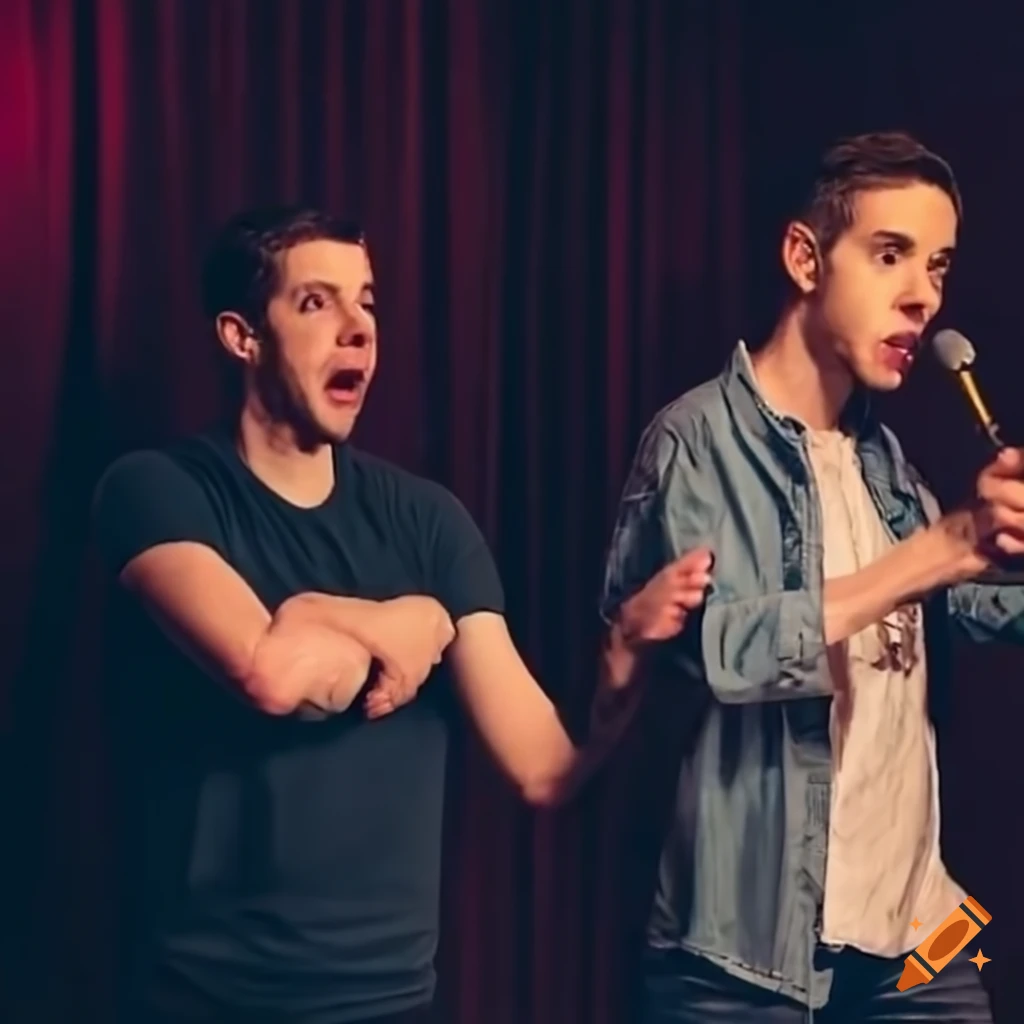 Two men performing improv comedy on stage
