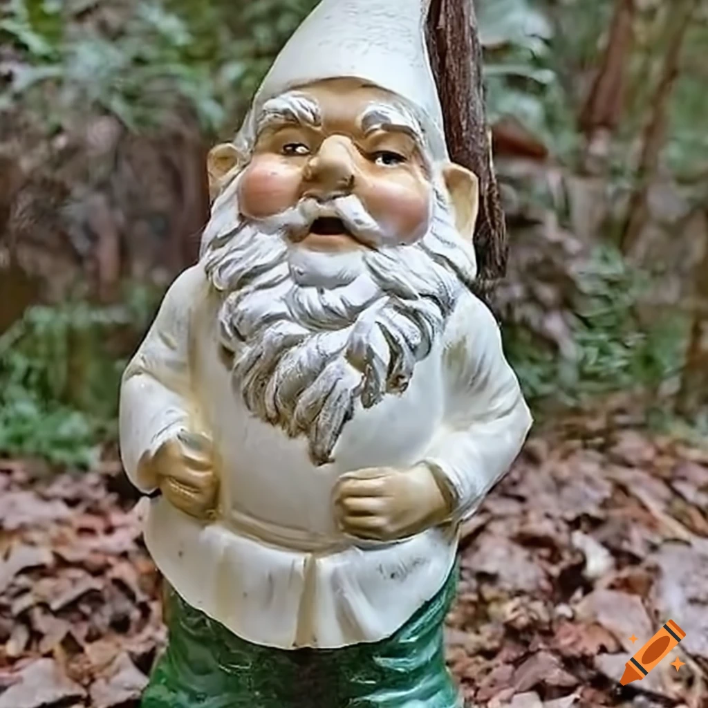 Garden gnome with a pointy white hood in a whimsical setting