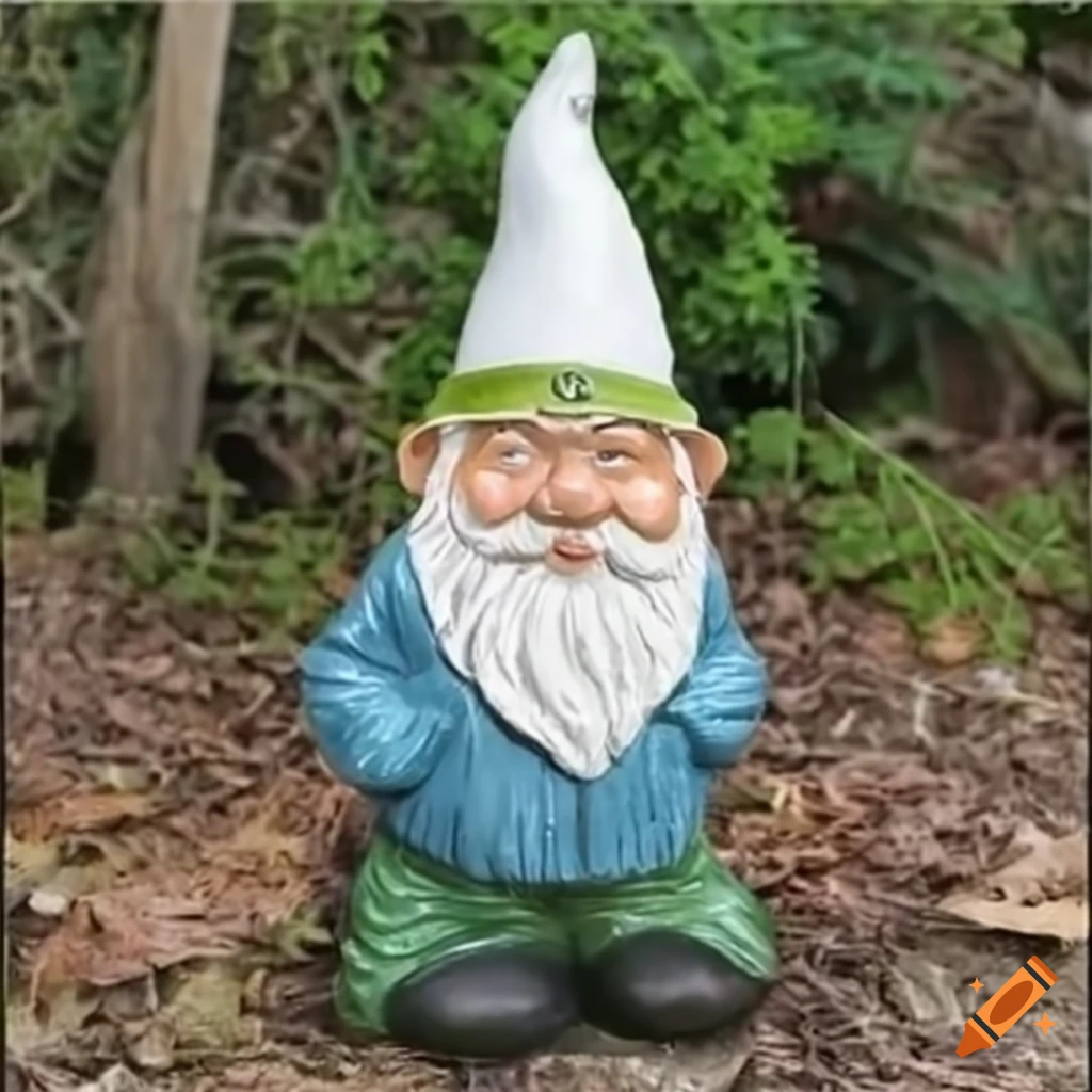 Garden gnome with a pointy white hat in a whimsical garden setting