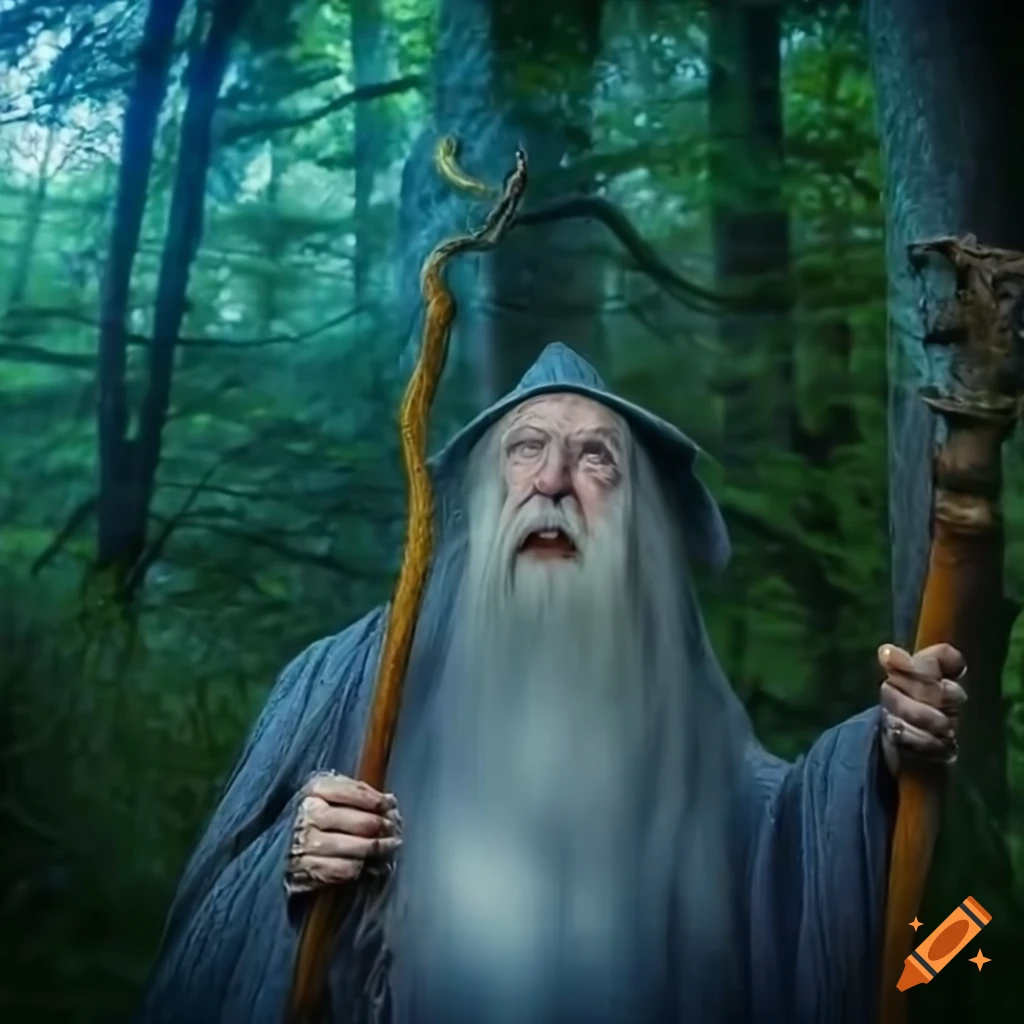 Ancient wizard in mystical forest with magical staff surrounded by lightning