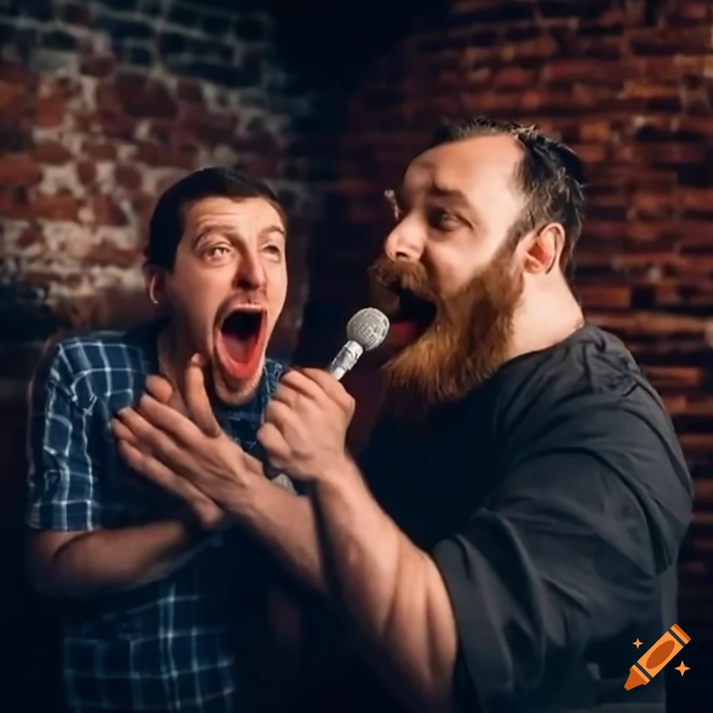 Male improv comedians performing on a comedy club stage