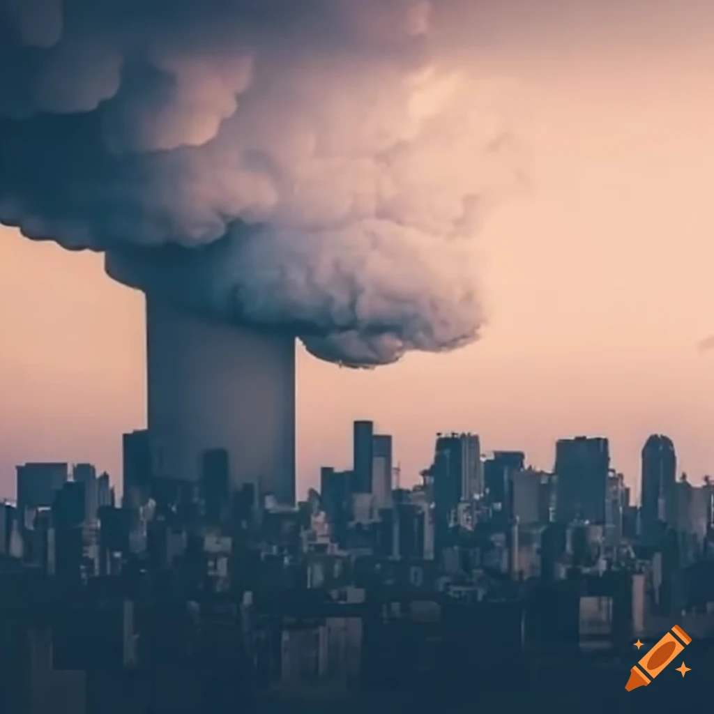 Toxic gray chemical cloud from a factory chimney heading towards a city
