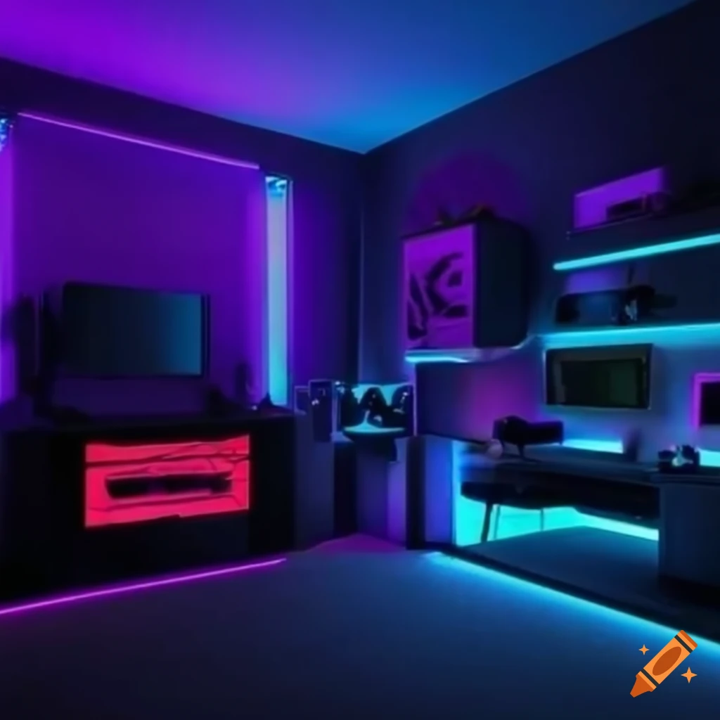 Streaming gaming room with purple lights
