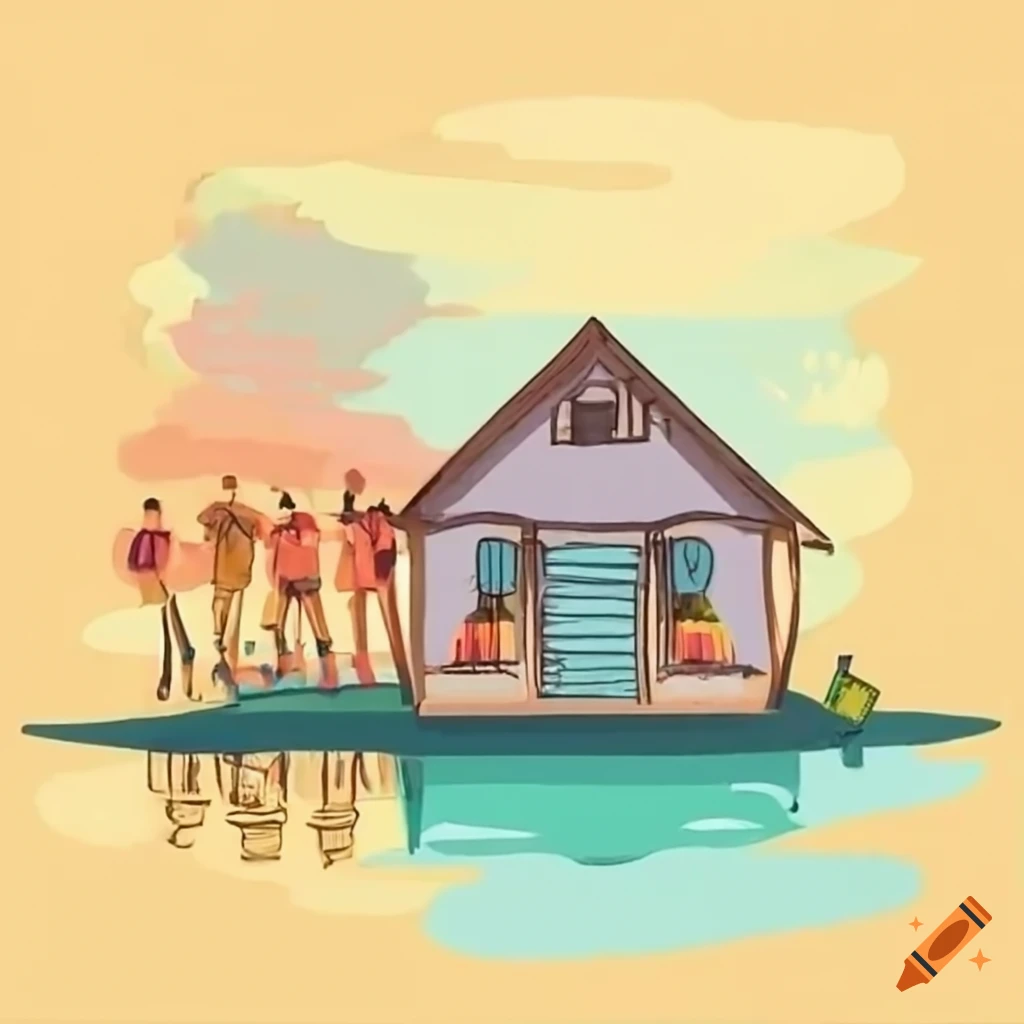Summer house by the lake with friends enjoying a colorful party