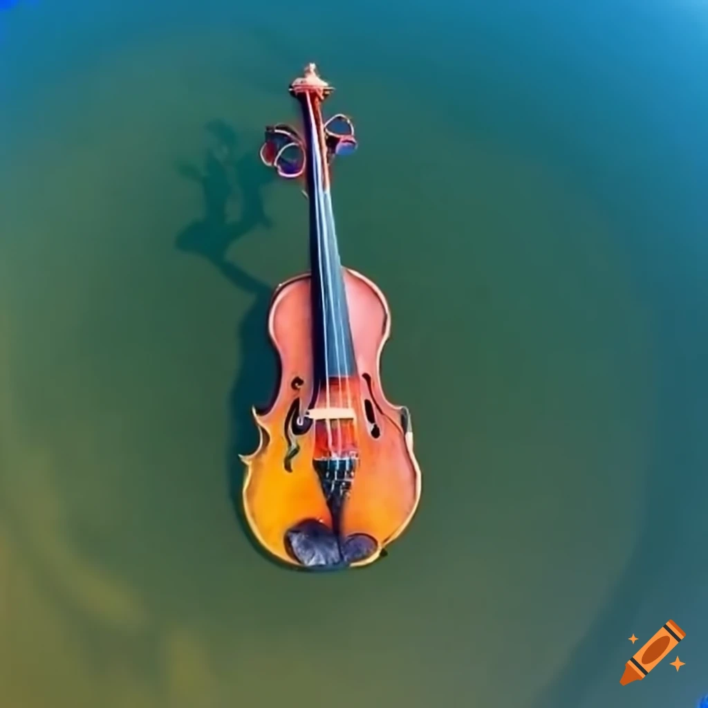 Giant violin in a lake seen from birds eye view