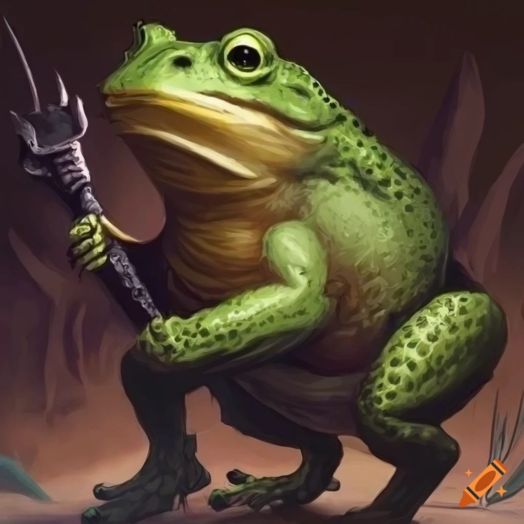 Aggressive bullfrog standing up in a hand-painted dungeons and dragons style fantasy art
