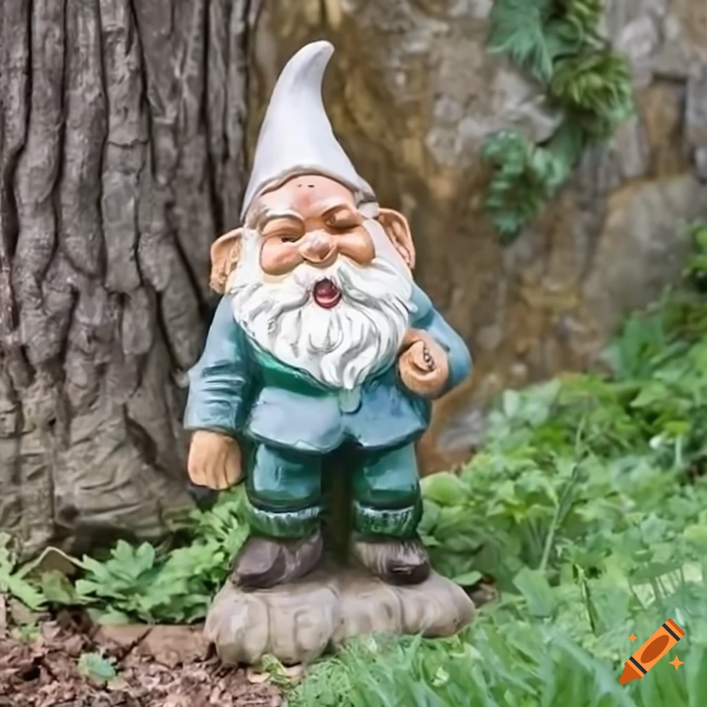 Garden gnome with a pointy white hood in a European setting