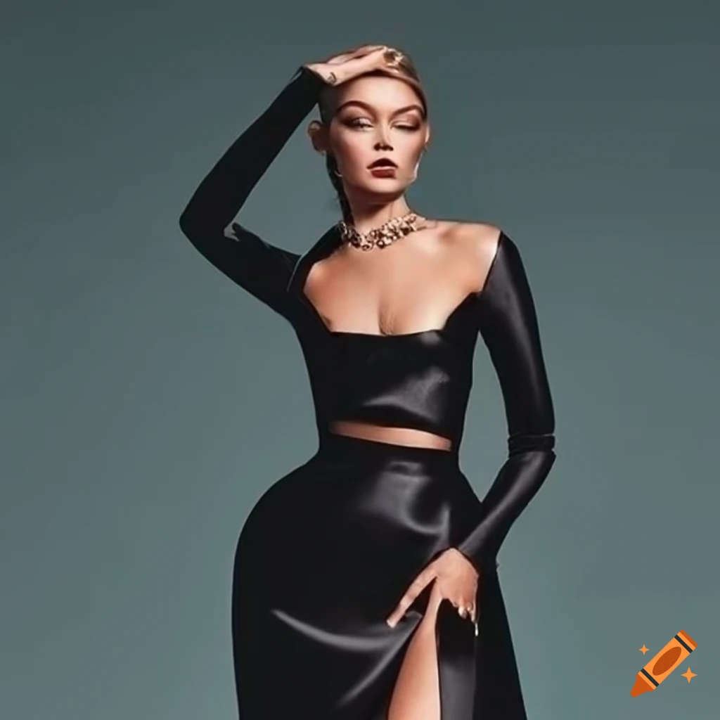Black satin long sleeve gown with criss cross detailing on the tummy area