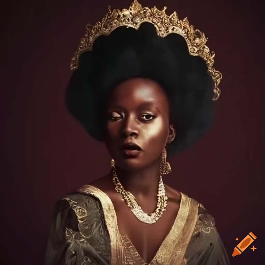 Self-portrait of a dark-skinned African woman in regal dress with a 1600s British crown