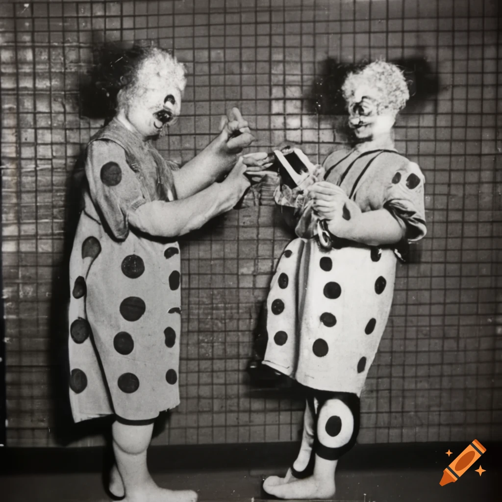 Vintage 1950s clowns in a laundromat sharing a fishtank with water ripples