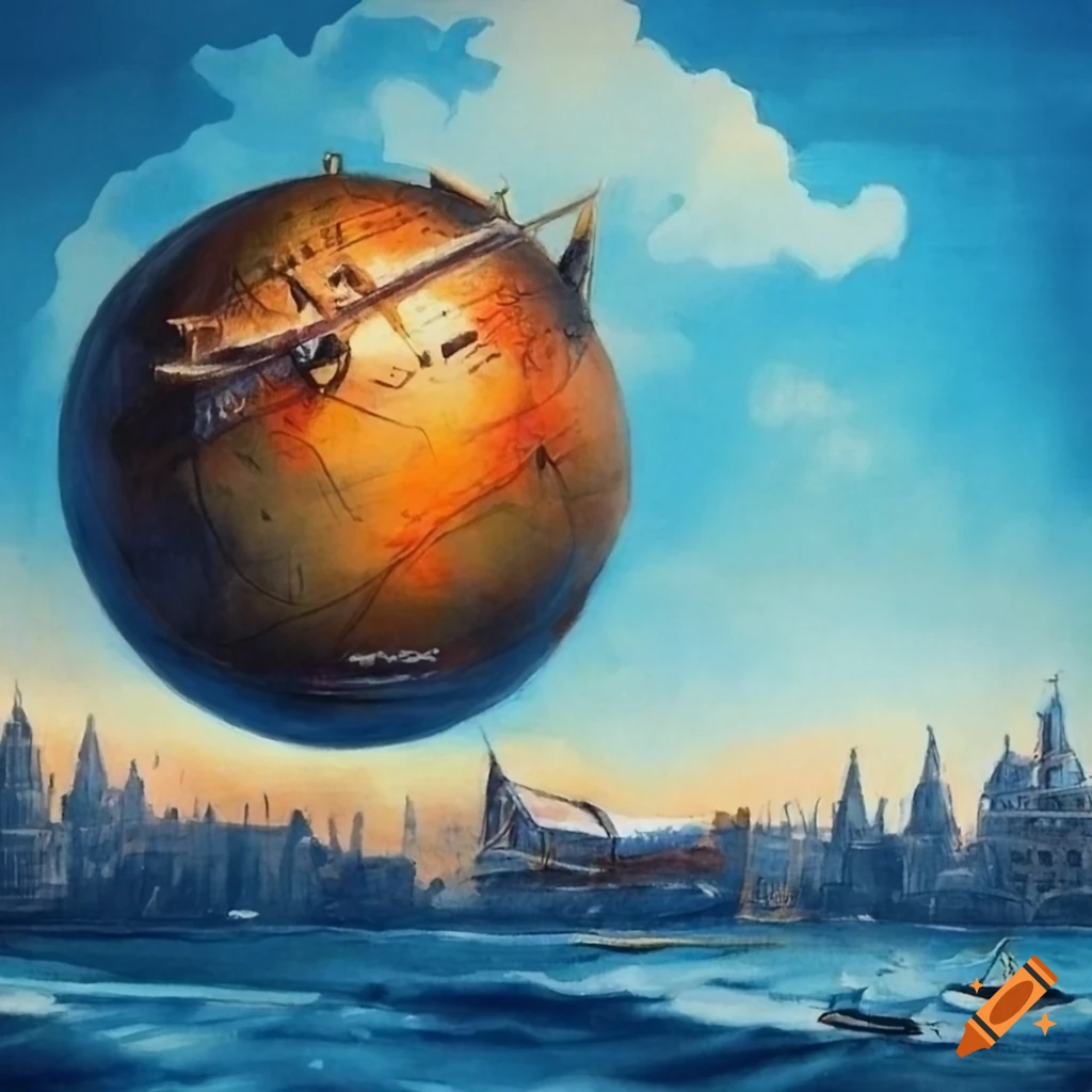 Early airplane in a globe with detailed painting inspired by Hohlwein
