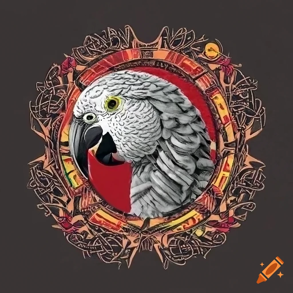 Intricate African Grey Parrot tattoo design with Scandinavian and tribal themes