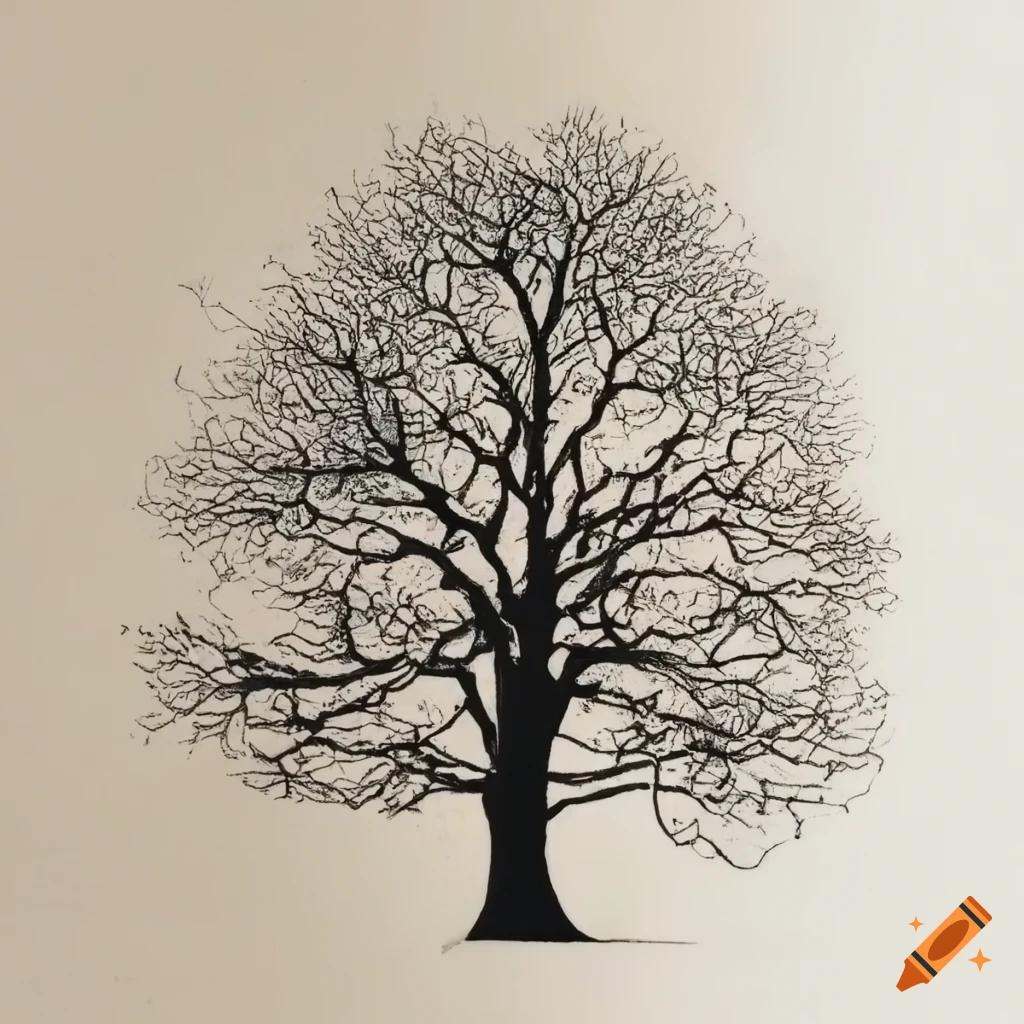 Etching of a dry tree with leaves on the ground