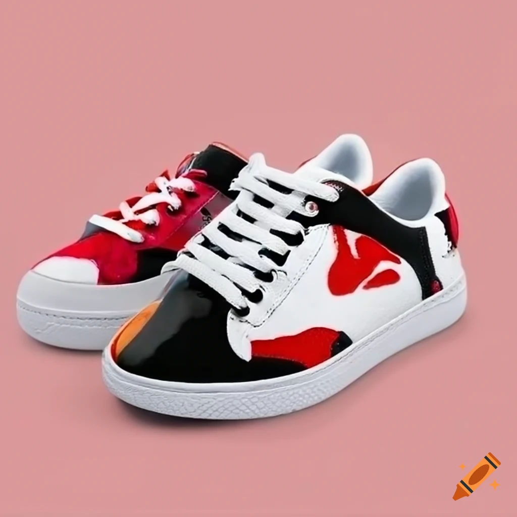Customized white sneakers with red and black shapes