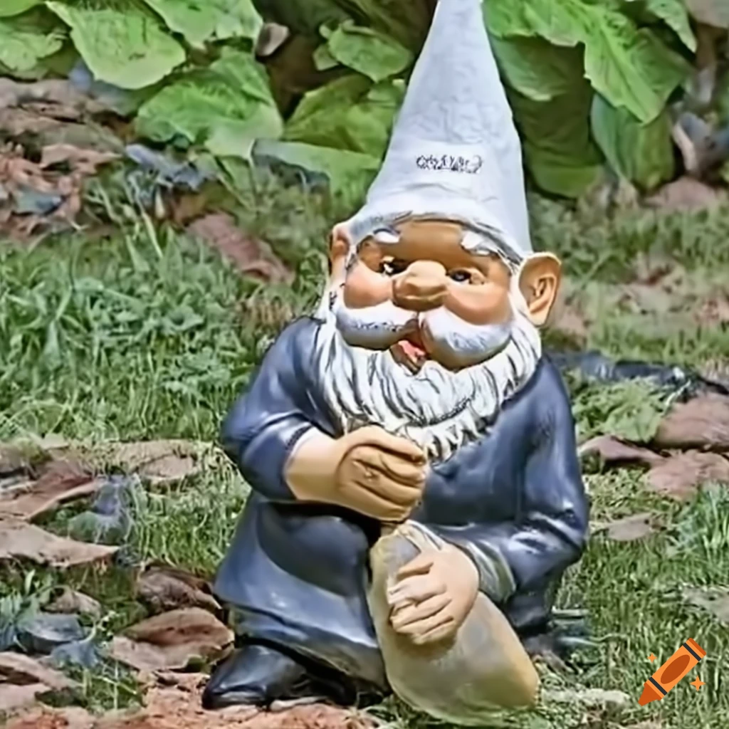 Garden gnome with a pointy white hat in a whimsical setting