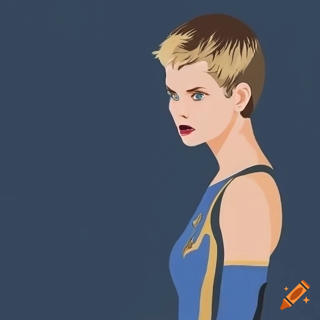 Young actress with short blonde haircut in astronaut role on Star Trek Discovery movie poster art