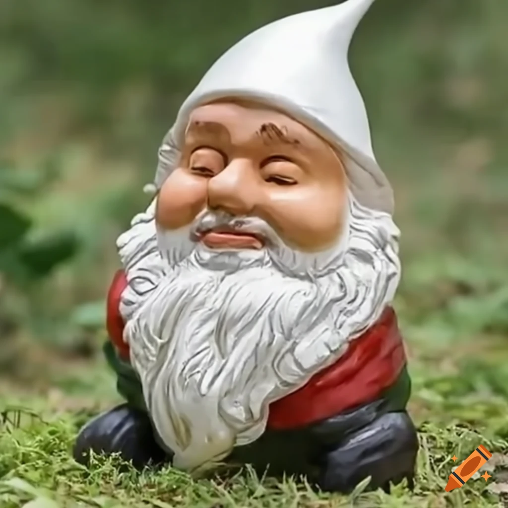 Garden gnome with a pointy white hat in a whimsical setting