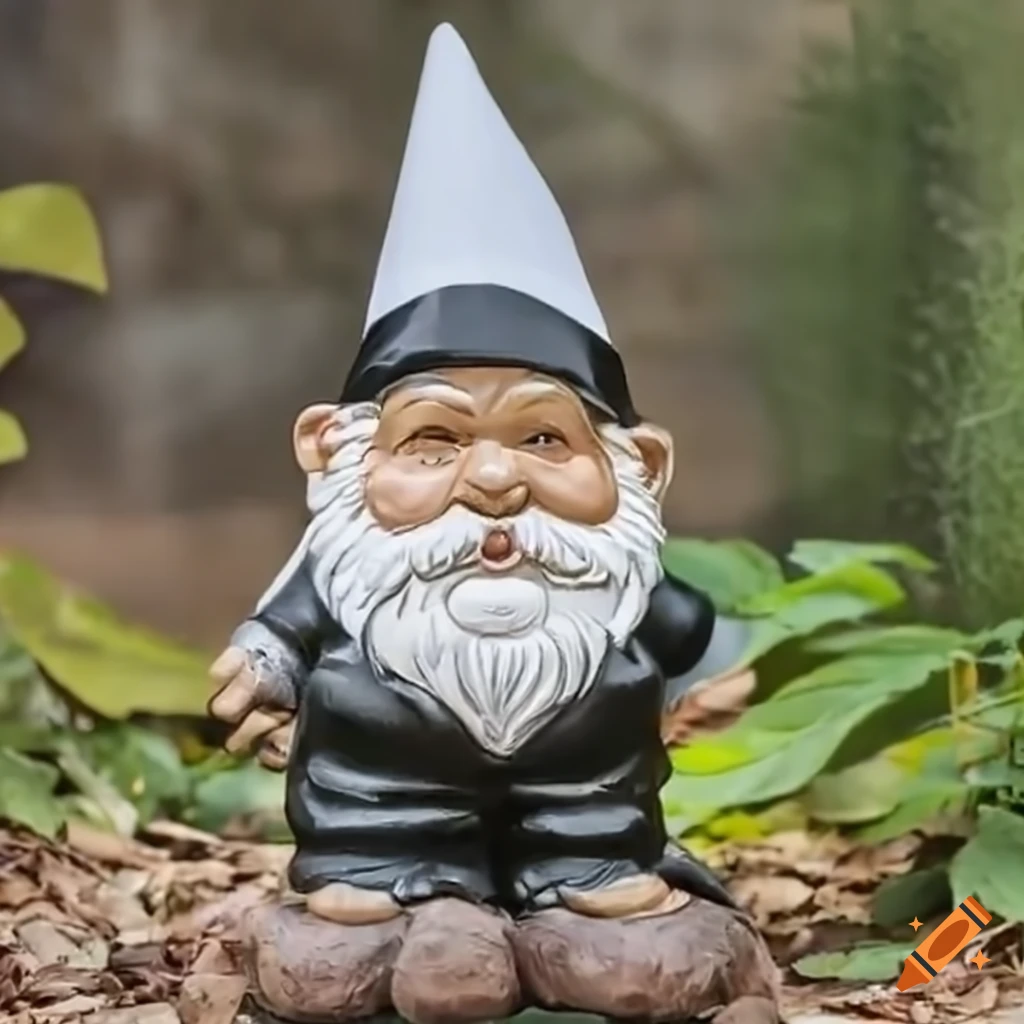Garden gnome with a pointy white hat in black
