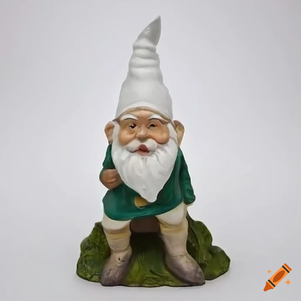 Garden gnome with a pointy white hood in a European setting