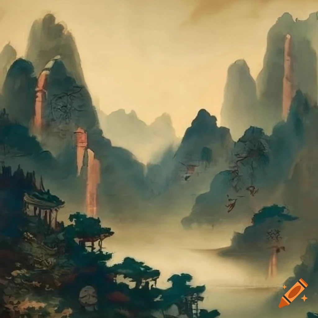 Chinese mountain range with temple in watercolor