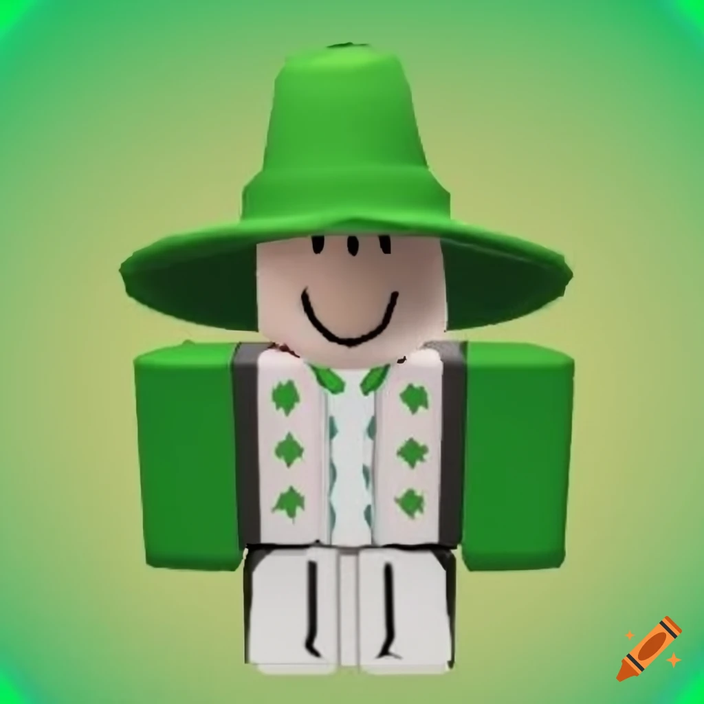 Roblox avatar in light and white colors with a green hat and happy face