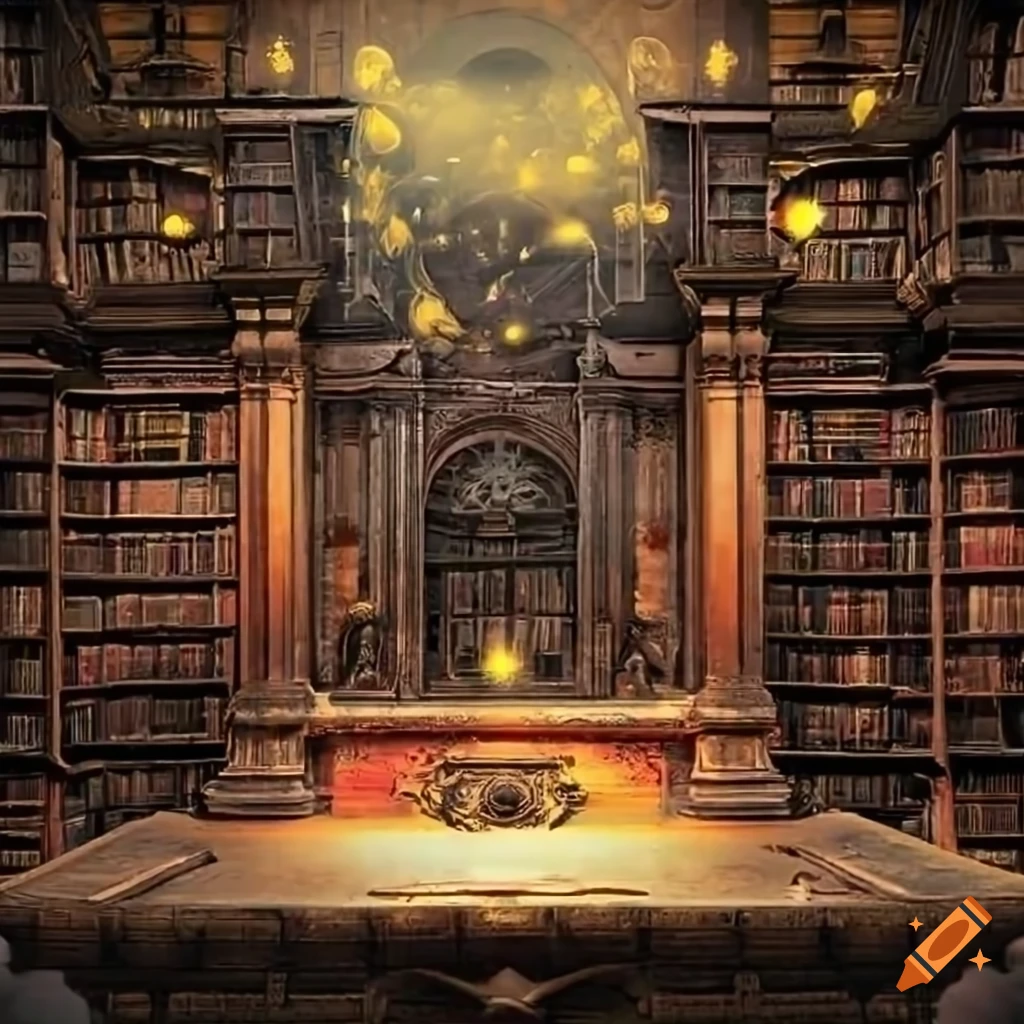 Dimly lit old library with digital screens and ancient books, featuring 'The Lost Code'