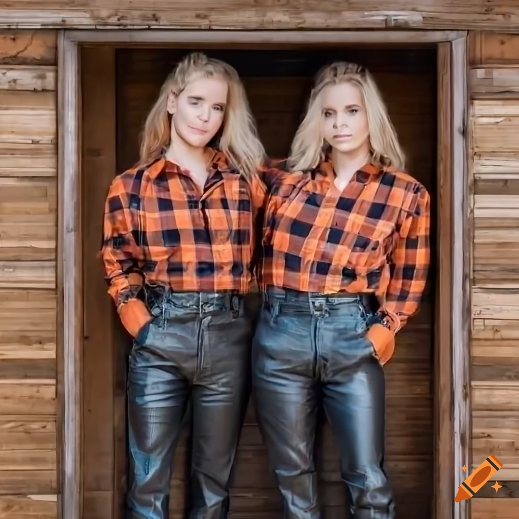 Blonde English twins in orange plaid shirt and black leather trousers standing in barn doorway