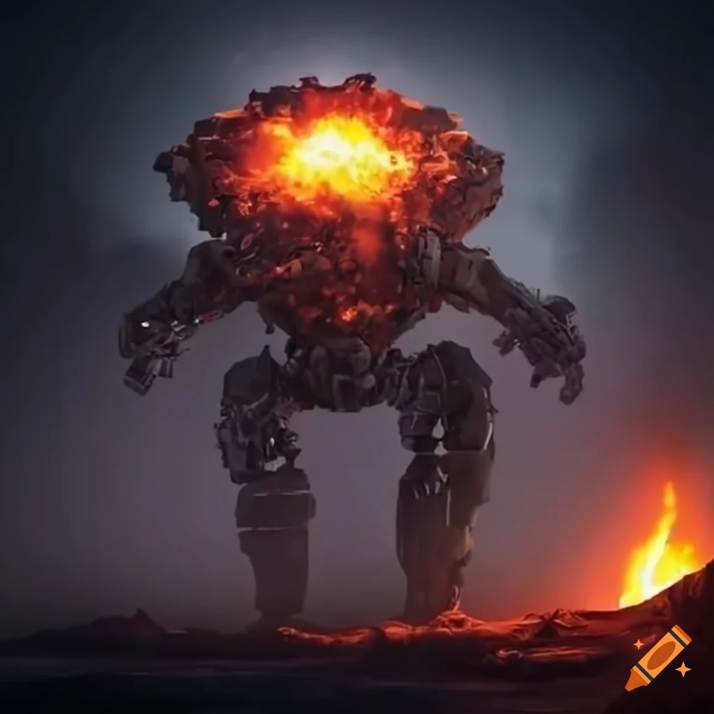 Robotic mecha exploding in an alien volcanic environment