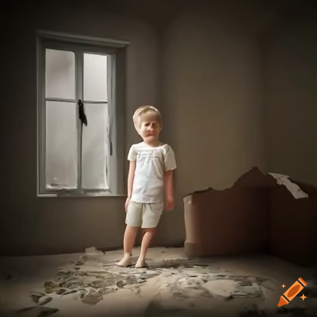 Child holding money in a dilapidated house
