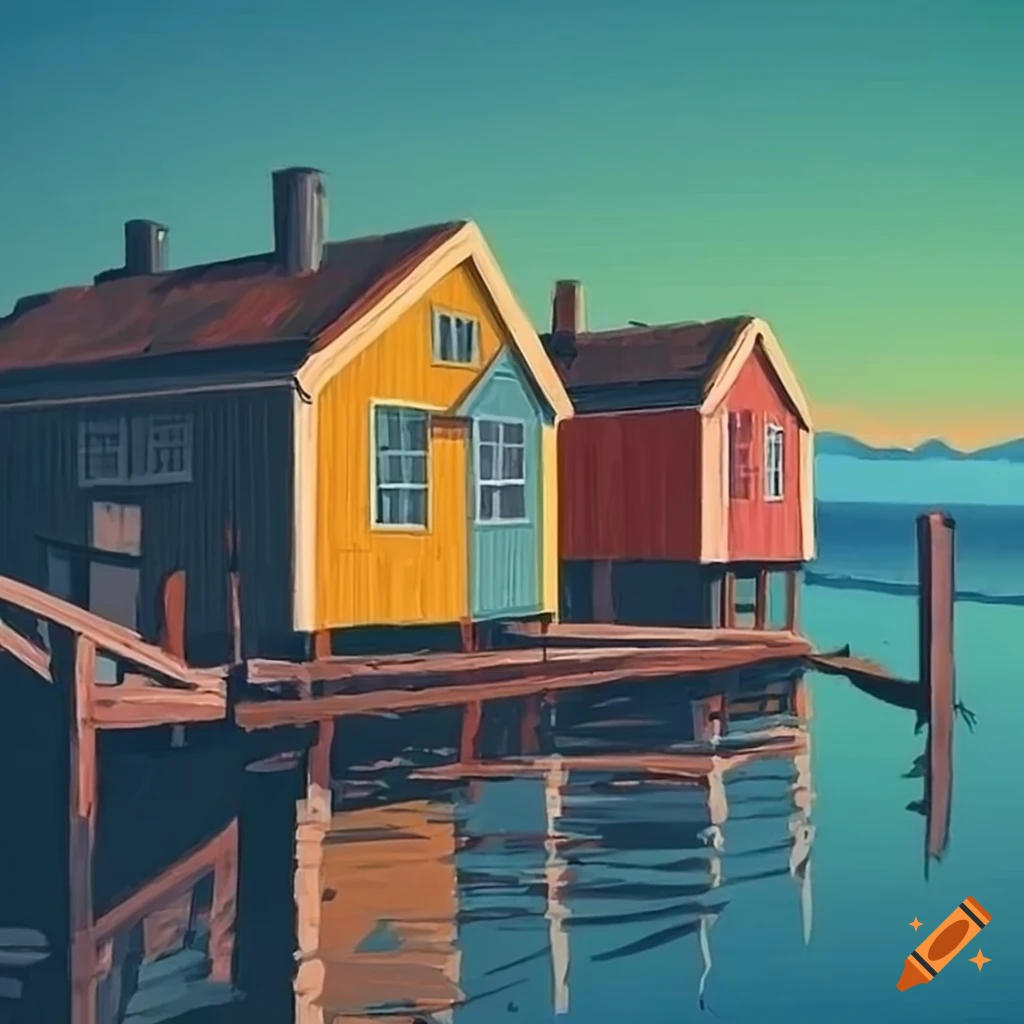 Colorful wood houses on water with a fishing village vibe in Stalenhag style