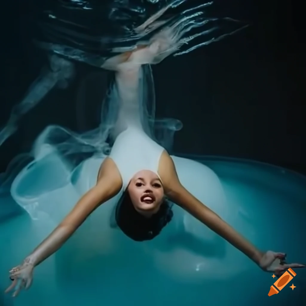 Woman jumping into a bubbly bathtub