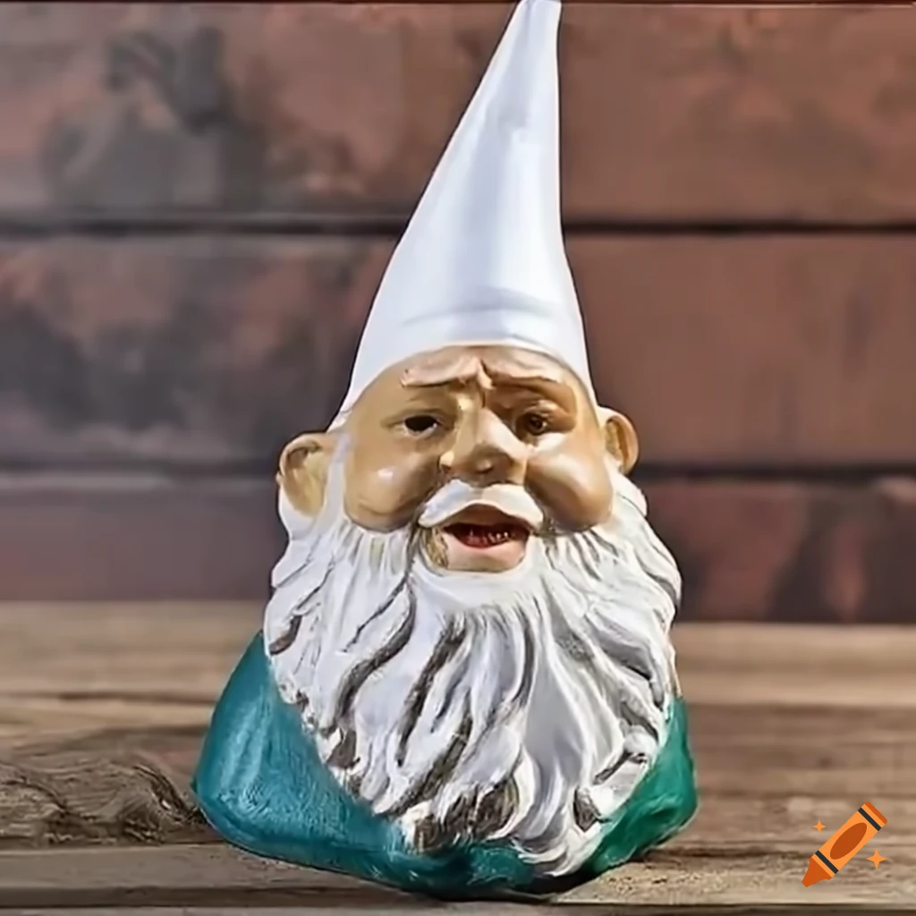 Garden gnome with a pointy white hat in a whimsical setting