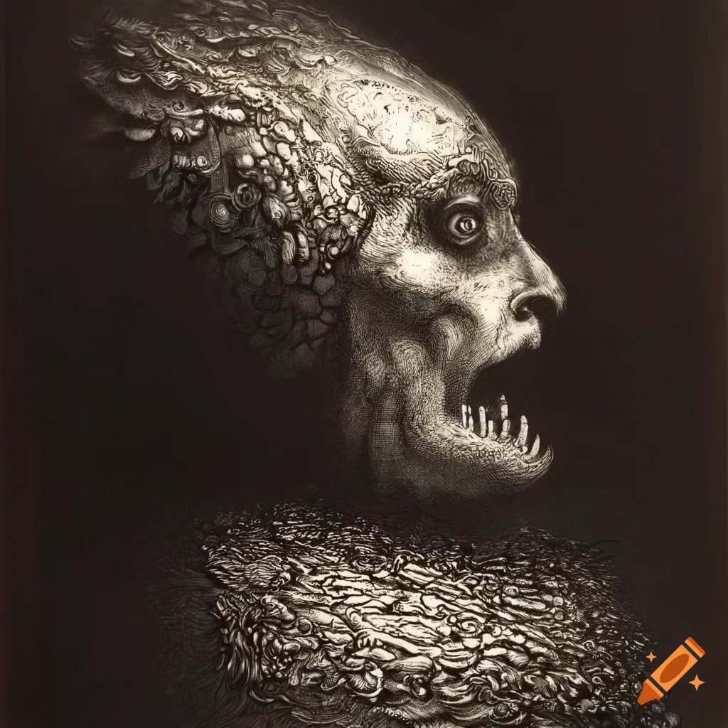 Surreal mezzotint artwork of a lady in a dark setting with a renaissance vibe