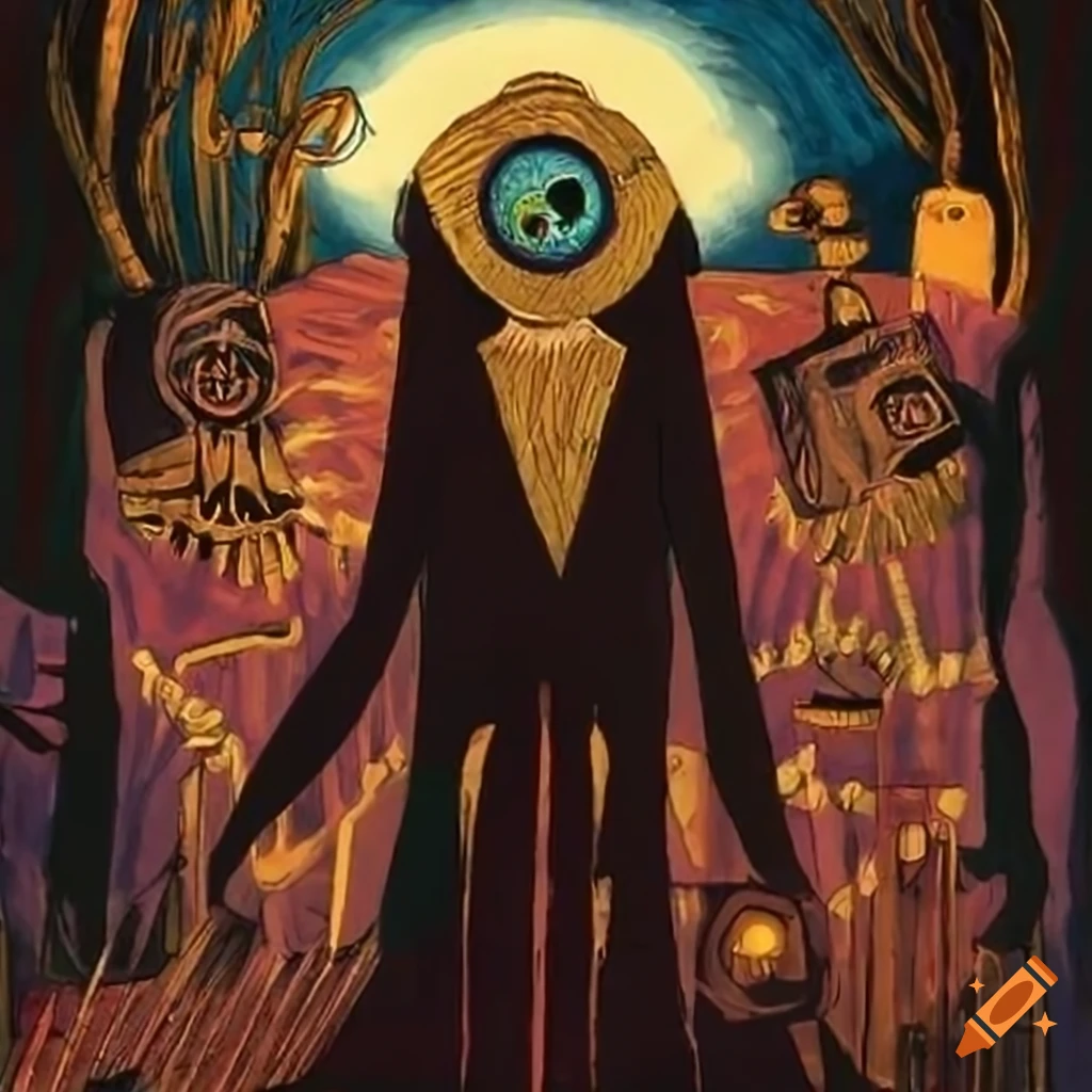 Anime-style witch with African mask in bizarre landscape with robots and aliens