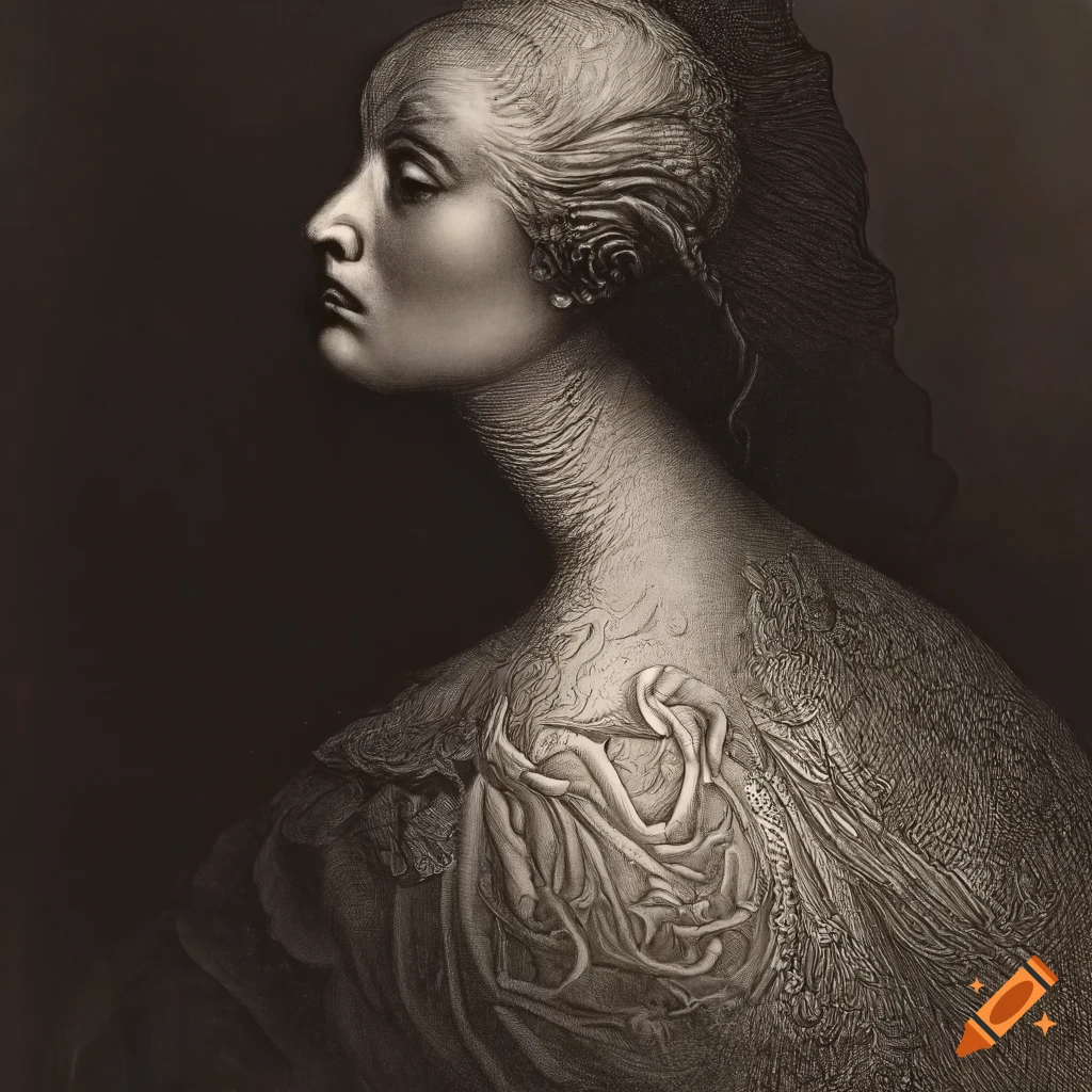 Surreal mezzotint of a lady with angel's wings in a renaissance setting