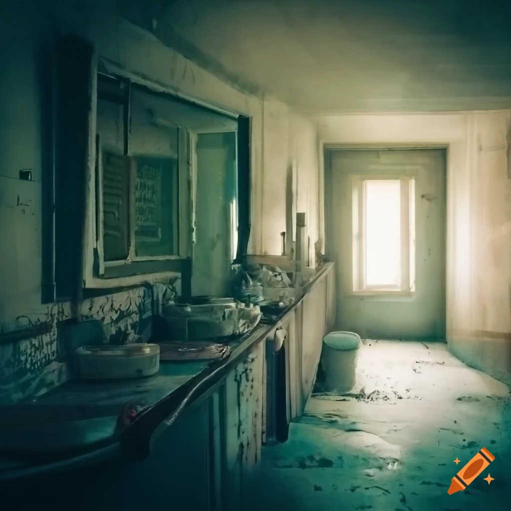Grimy and outdated bathroom with foggy window in an old institution