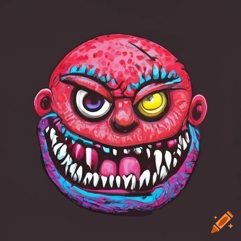 80s cartoon artwork of a red monster face in Madballs style