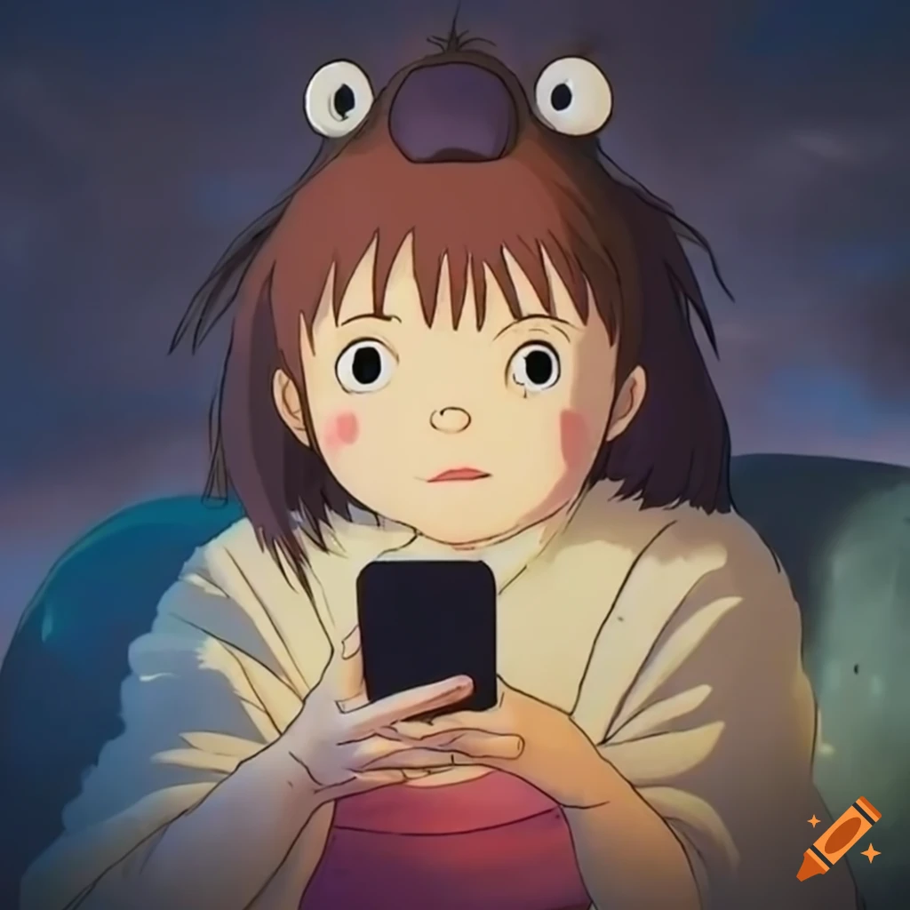 Studio Ghibli character relaxing on a sofa with a phone