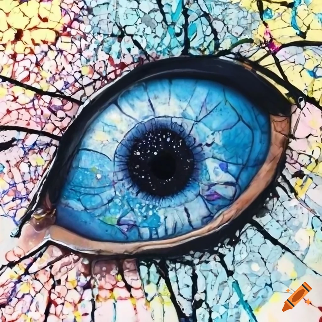 Stained glass mosaic eye painting in pointillism style