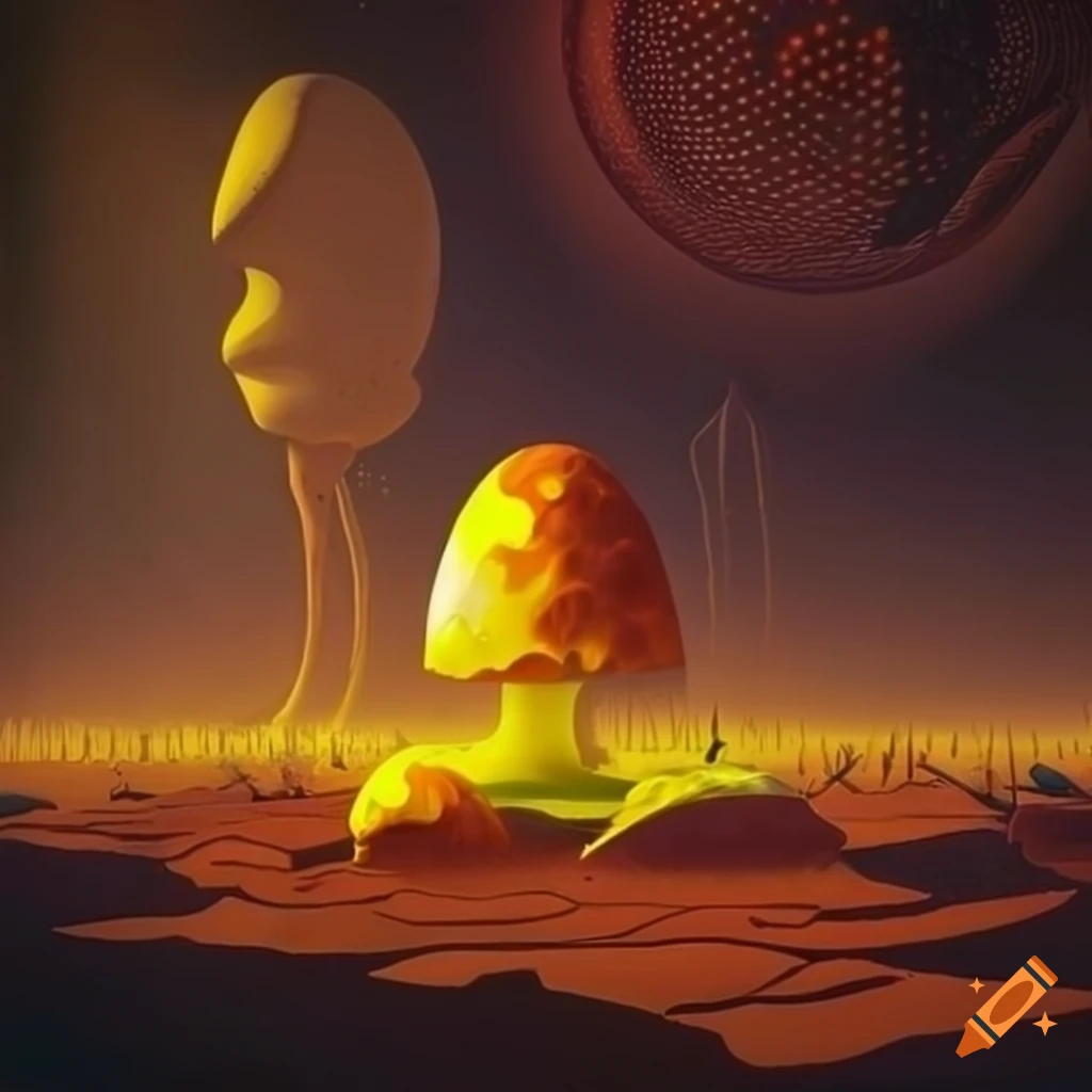 Alien landscape with towering mushrooms in orange and yellow hues on ...