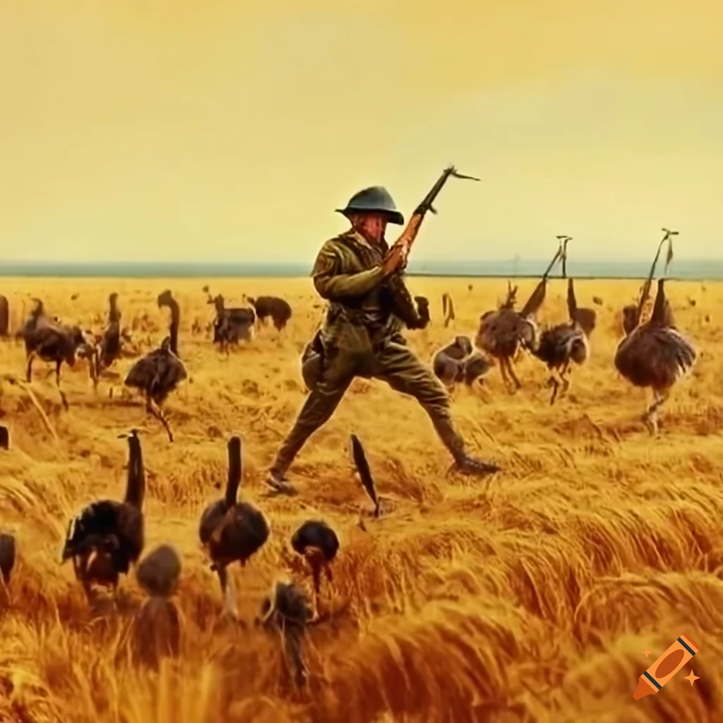 Australian soldier grappling with emus in a wheat field during the Great Emu War