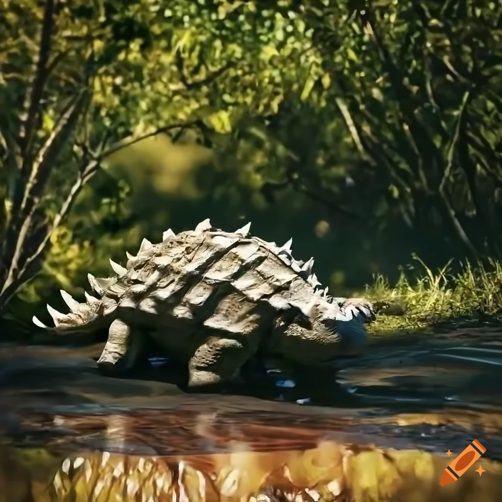 Ankylosaurus drinking in a sunny clearing with fallen branches and bushland background