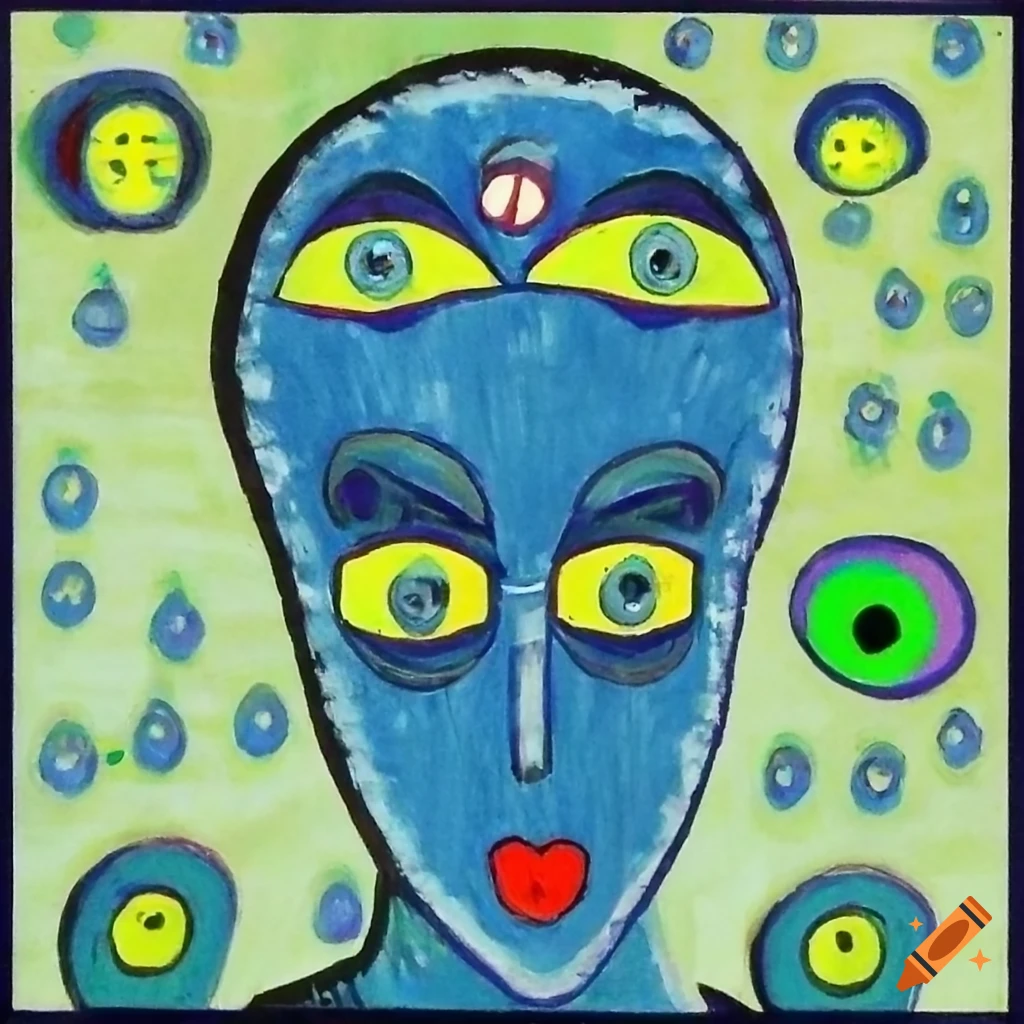 Tarot card matryoshka alien with anime eyes in Anime and African mask style outsider art