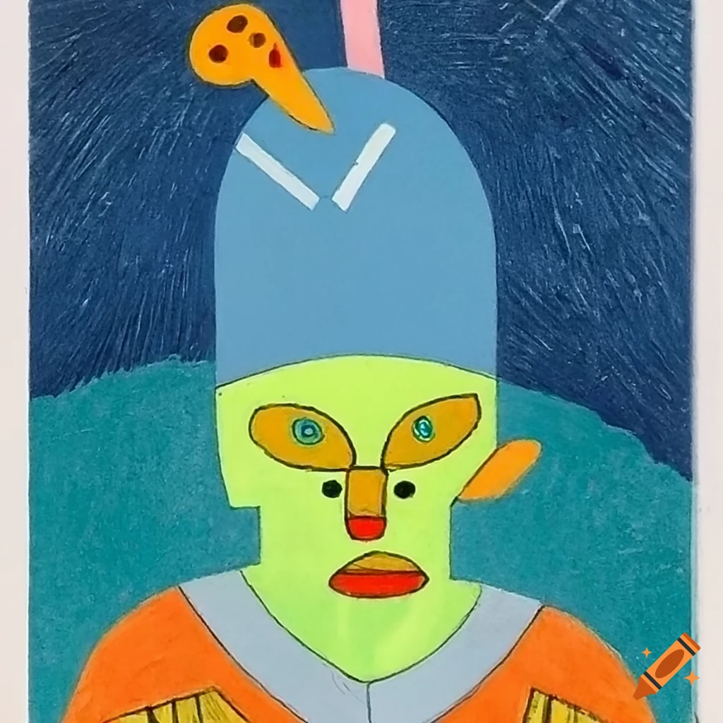 Tarot card matryoshka alien with anime eyes in Anime and African mask style outsider art