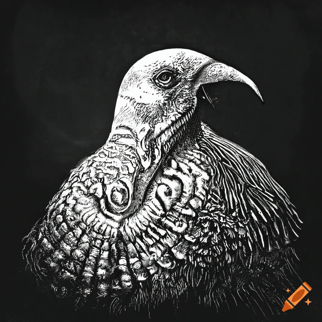 Surreal mezzotint of a strange bird in black and white with sharp focus