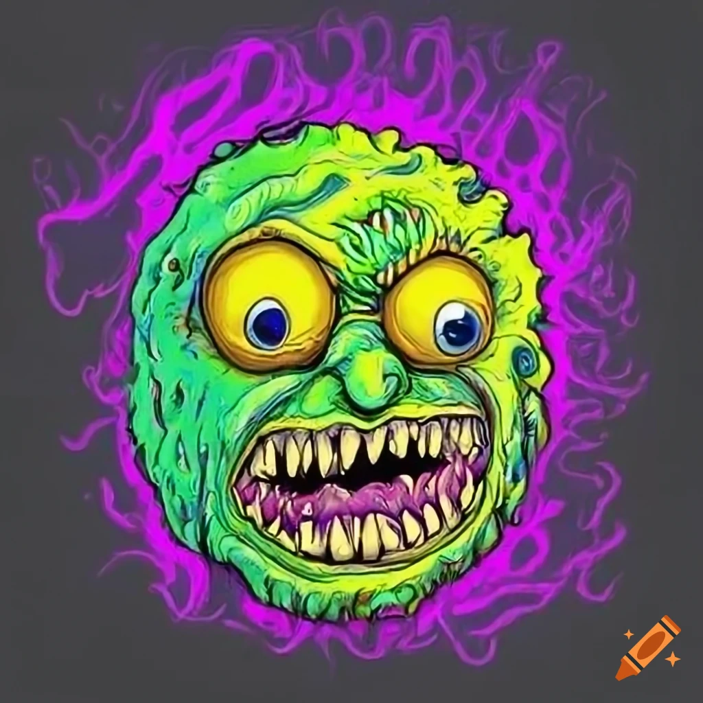 80s cartoon artwork of a neon-yellow monster face similar to Madballs