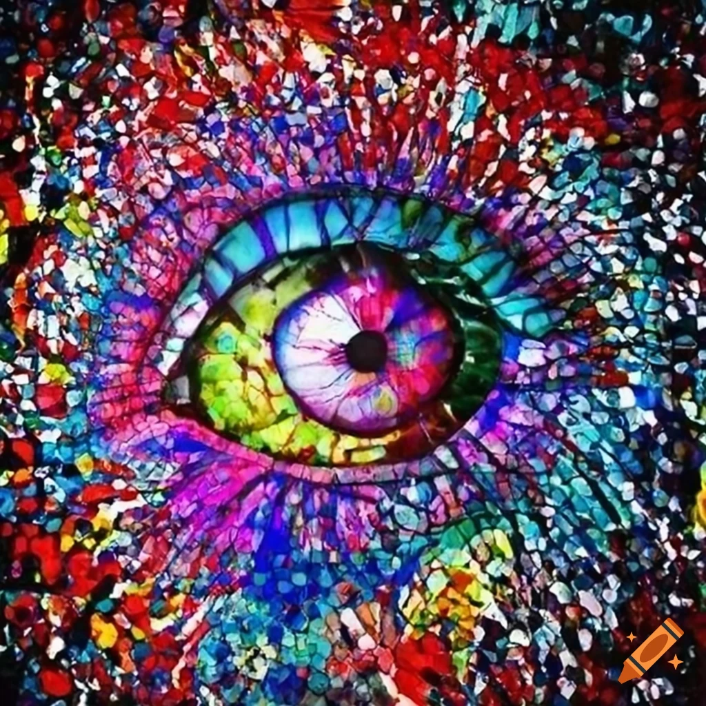 Stained glass mosaic eye in pointillism splatter painting style