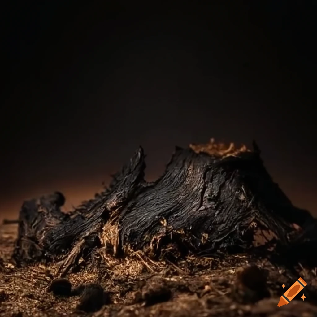 Seed sprouting in field of ashes and burnt tree stumps
